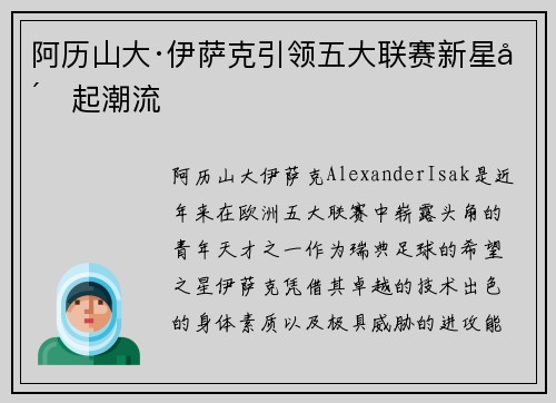 阿历山大·伊萨克引领五大联赛新星崛起潮流