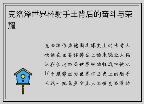 克洛泽世界杯射手王背后的奋斗与荣耀
